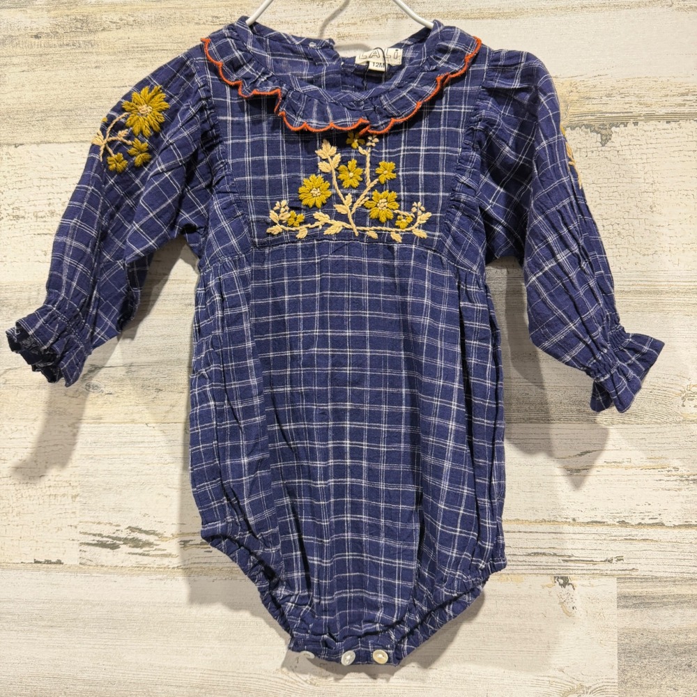 Lali Embroidered Bubble Romper Girls 12M Blue Plaid Floral NWT *Flawed